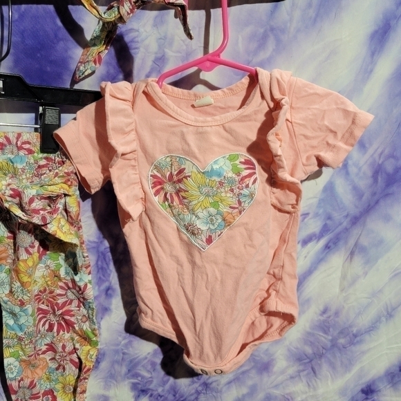 Unbranded 3 Peice Set Girls Dusty Coral Top With Foral Tie Bottoms Size 3-6 M - Picture 5 of 16